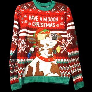 Blizzard Bay Red and Green Christmas Sweater Cow with Gold Sunglasses Men’s Smal